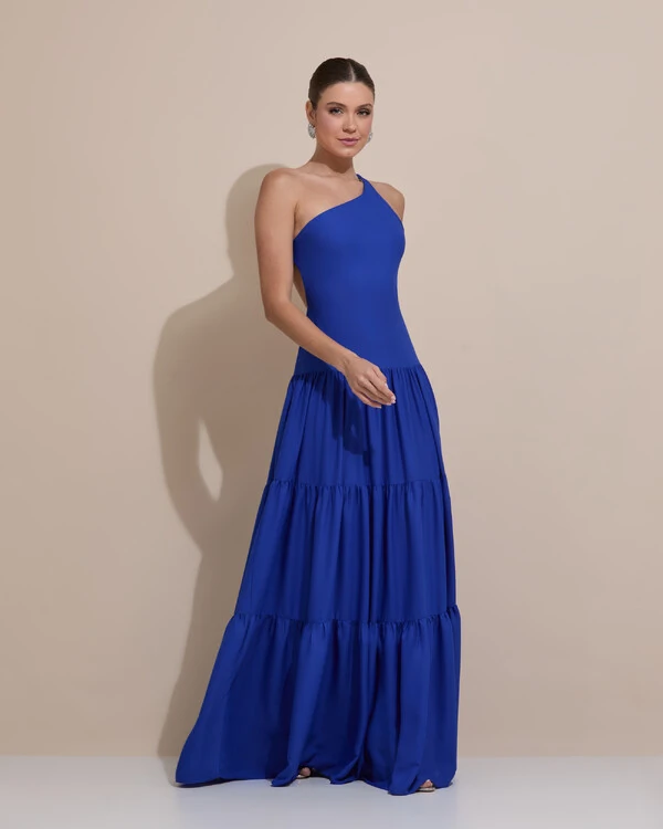 Vestido de Festa Longo Um ombro Só Crepe Chiffon Saia Fluida Azul Royal