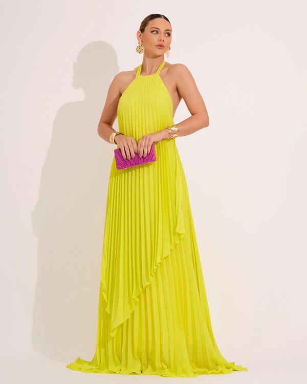 Vestidos de Festa Longo Chiffon Fluido Frente Única Plissado Duplo Verde Lima