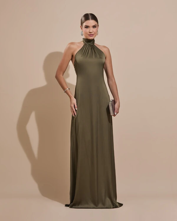 Vestido de Festa Gola Alta com Decote nas Costas Acetinado Verde Oliva