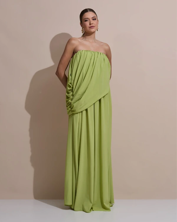 Vestido de Festa Longo Tomara Que Caia Crepe Chiffon Drapeado Verde Garden