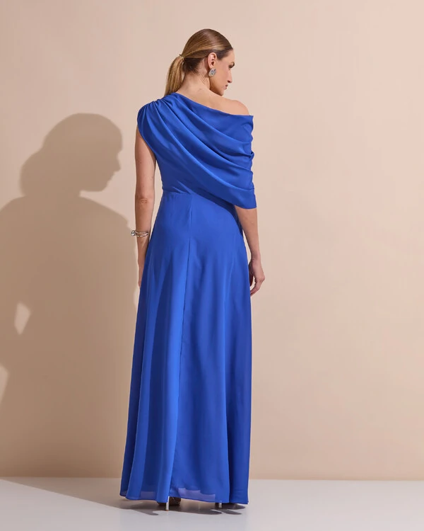 Vestido de Festa Longo Um Ombro Só Crepe Chiffon Capa Drapeado Azul Royal