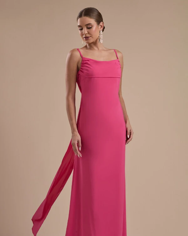 Vestido de Festa Longo Crepe Chiffon Costas Lenço Cauda Pink