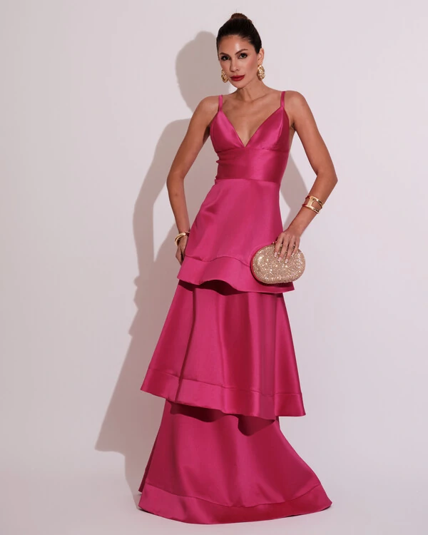 Vestido de Festa Longo Zibeline em Camadas Decote em V com Alças Pink