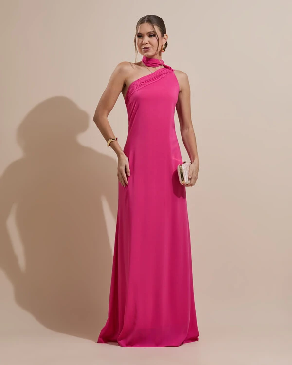 Vestido de Festa Longo Crepe Chiffon Um Ombro Só Drapeado Pink