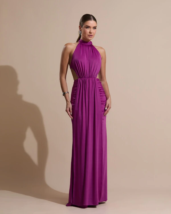 Vestido de Festa Longo Malha Jersey Gola Alta Saia Sereia Fúcsia