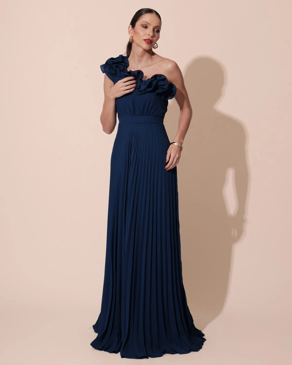 Vestido de Festa um Ombro Só Flor Saia Plissado Azul Marinho