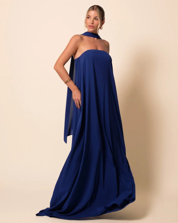 Vestido de Festa Longo Crepe Tomara que Caia com Lenço Azul Marinho