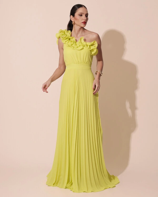 Vestido de Festa um Ombro Só Flor Saia Plissado Verde Lima