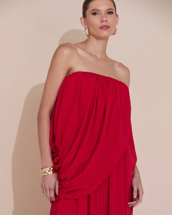 Vestido de Festa Longo Tomara Que Caia Crepe Chiffon Drapeado Vermelho