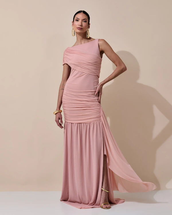 Vestido de Festa Longo Tule Faixa Detalhe Drapeado Rose