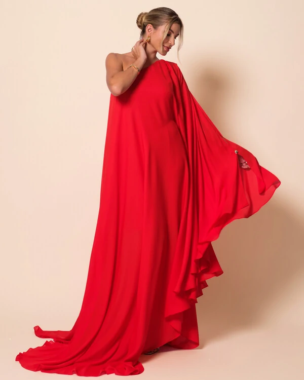 Vestido de Festa um Ombro com Capa Crepe Fluido Vermelho New
