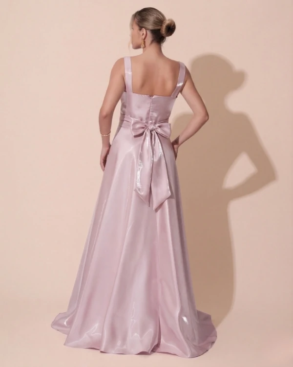 Vestido de Festa Longo Zibeline Cristal com Fenda e Faixa Rosa