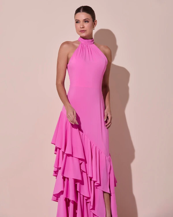 Vestido de Festa Longo Chiffon Crepe Gola Alta Babados Rosa New
