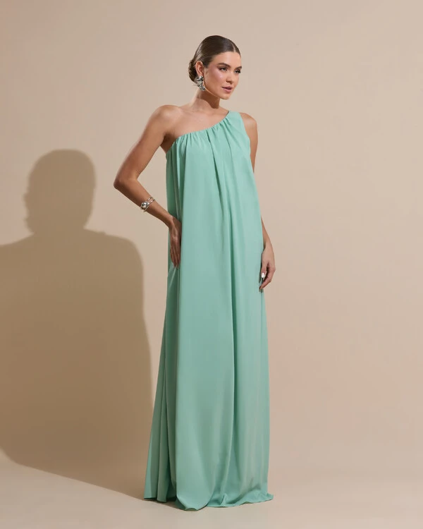 Vestido de Festa Longo Crepe Fluido um Ombro Só com Lenço Verde Menta