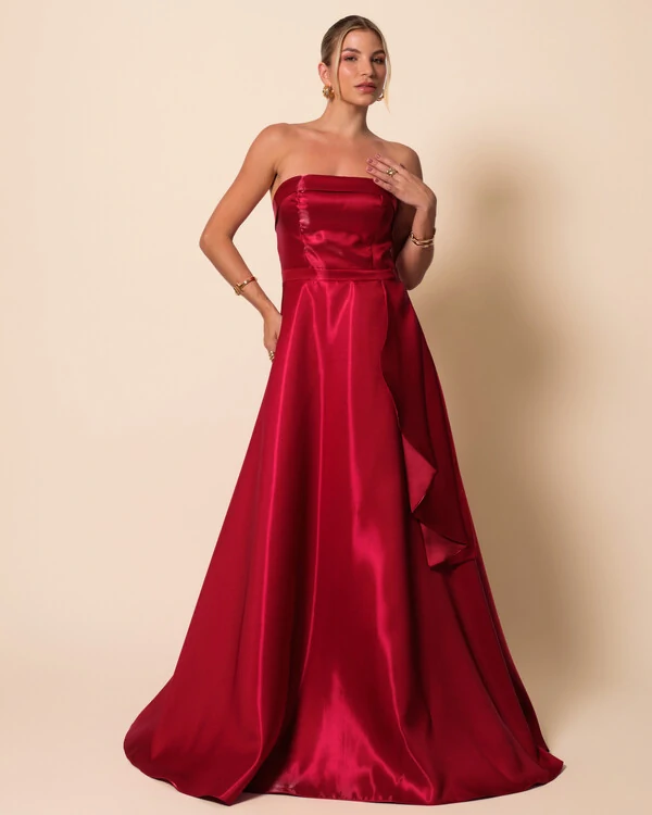 Vestido de Festa Longo Cetim Cristal Tomara que Caia Detalhe Marsala