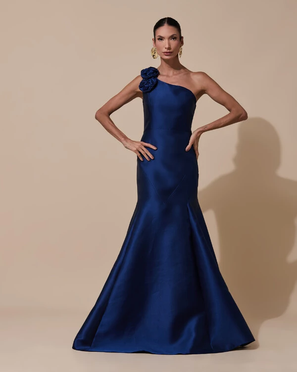 Vestido de Festa Longo Zibeline um Ombro Só Flor Removível Saia Sereia Azul Marinho