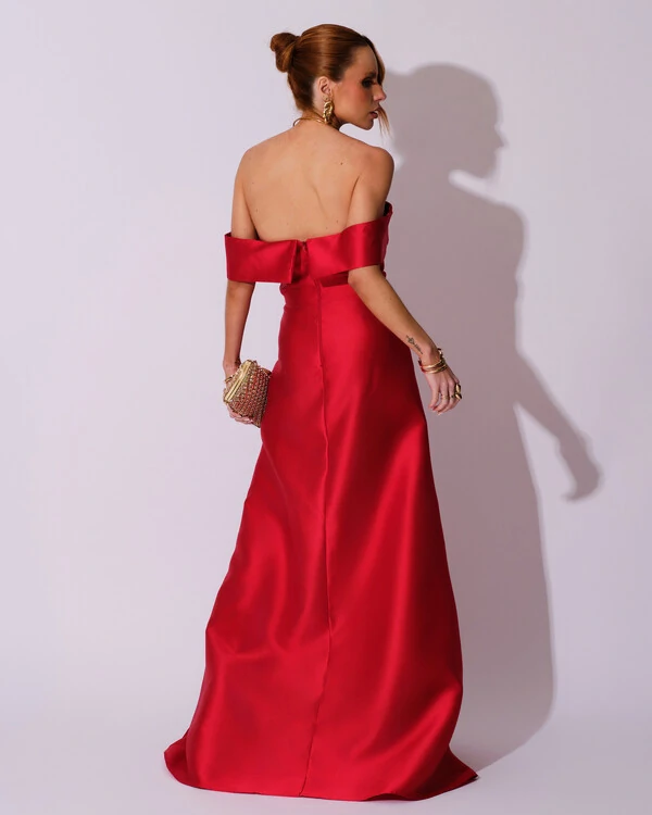 Vestido de Festa Longo Zibeline Ombro a Ombro Drapeado e Fenda Vermelho