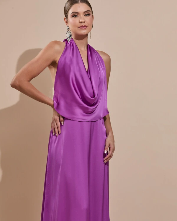 Vestido de Festa Longo Cetim Fluido Frente Única Degagê Mil Formas Fúcsia