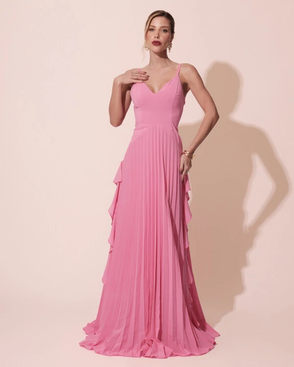 Vestido de Festa Longo Crepe Chiffon Alça Fina Saia Plissada com Babado Cascata Rosa