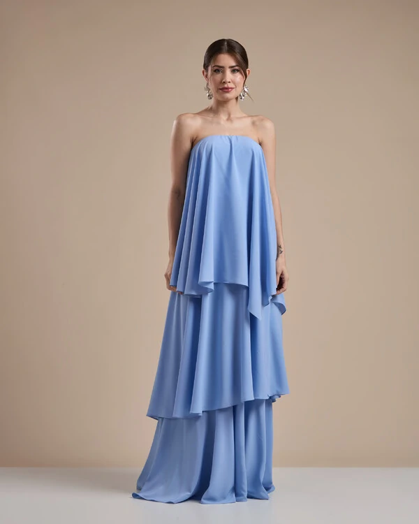 Vestido de Festa Longo Chiffon Crepe em Camadas com Lenço Serenity