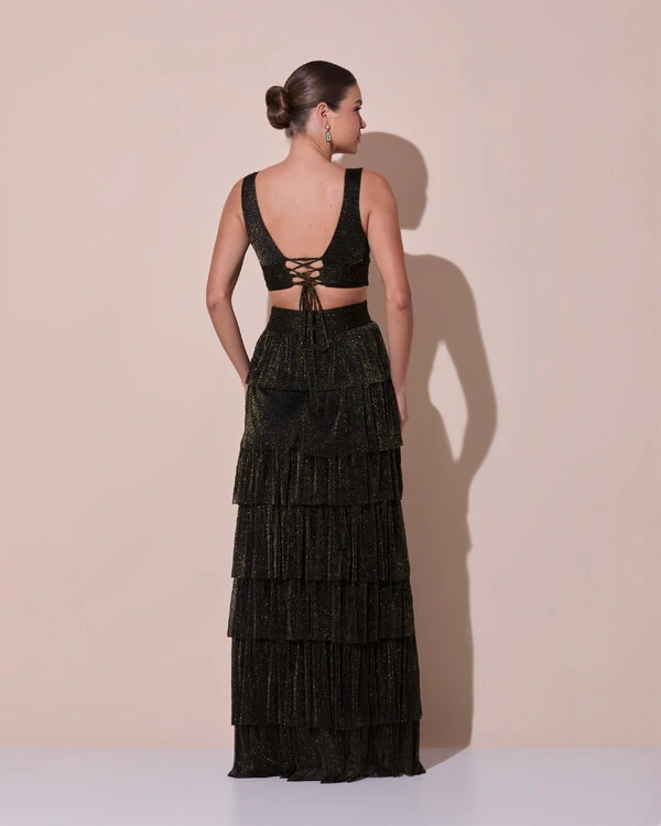 Vestido De Festa Longo Decote V Tule Brilho Recortes Camadas Preto