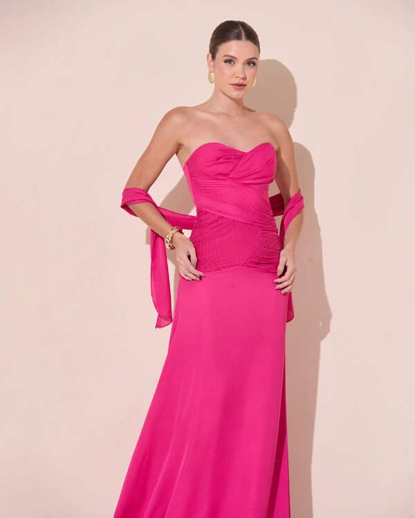 Vestido de Festa Longo Decote Coração Crepe Chiffon Drapeado Plissado Lenço Pink Escuro