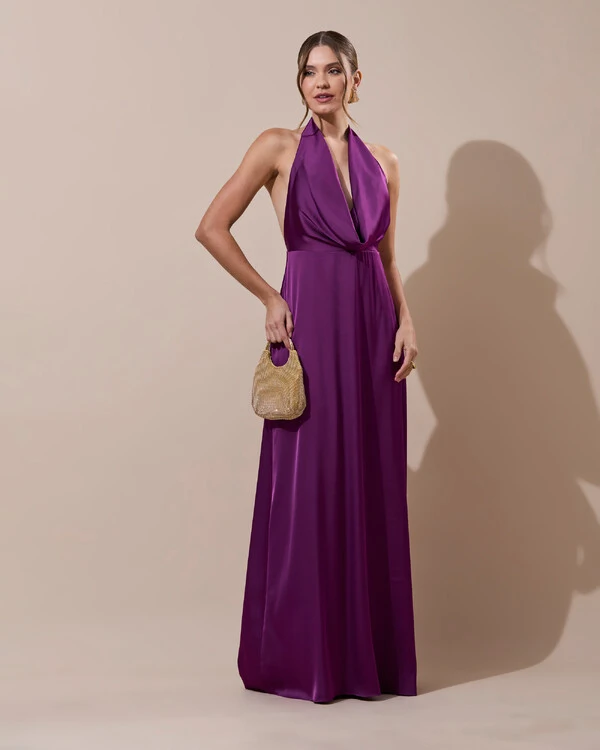 Vestido de Festa Longo Frente Única Degagê Cetim Fluido Roxo