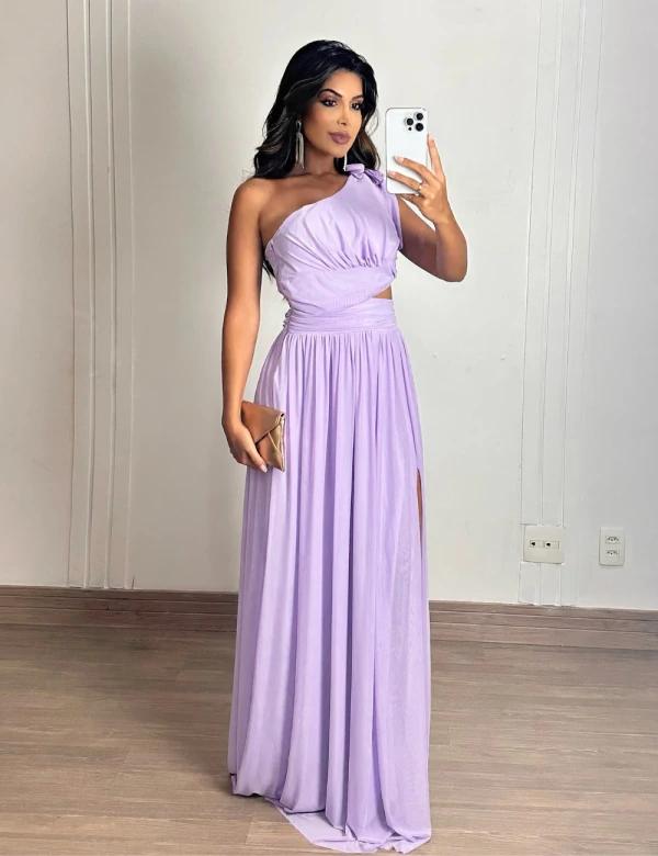 Vestido Longo Tule com Fenda Ombro só Lilás