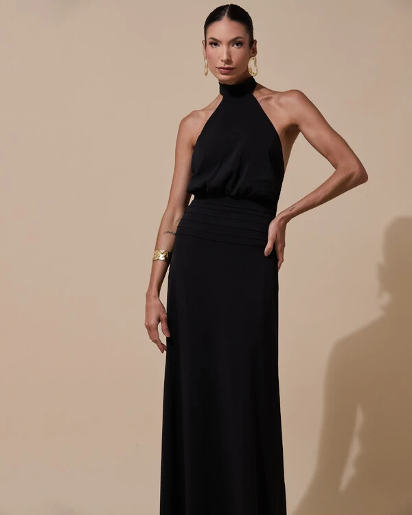 Vestido de Festa Longo Frente Única Busto Blousê Crepe Chiffon Drapeado Preto