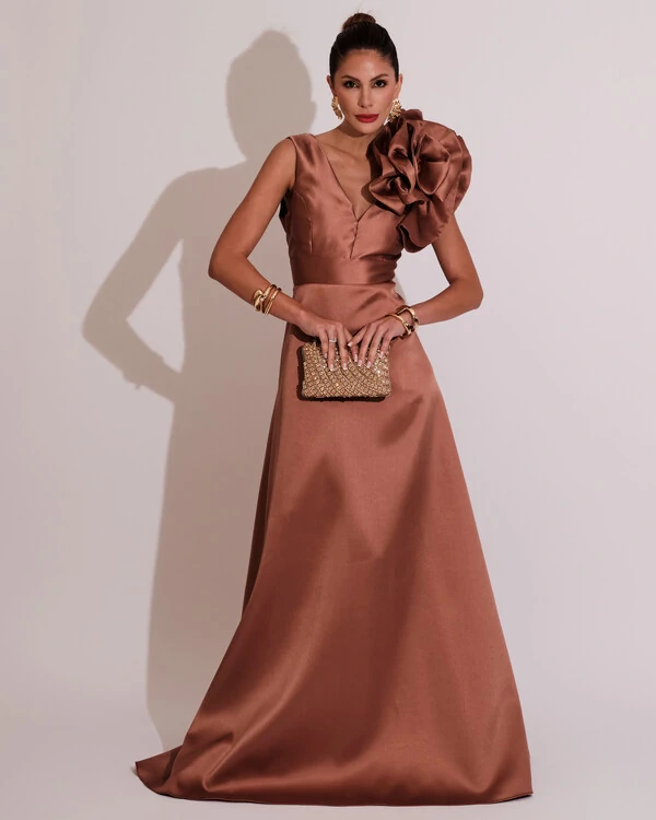 Vestido de Festa longo Zibeline Flor Mocha Mousse