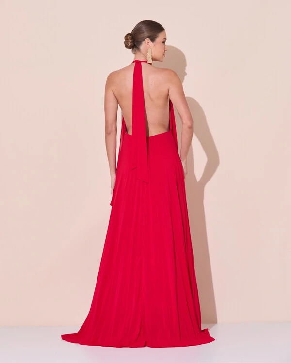 Vestidos de Festa Longo Chiffon Fluido Frente Única Plissado Duplo Vermelho
