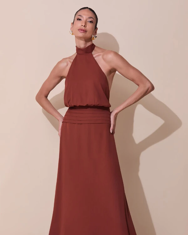 Vestido de Festa Longo Frente Única Busto Blousê Crepe Chiffon Drapeado Marrom New