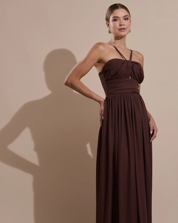 Vestido de Festa Longo Crepe Chiffon Drapeado com Alças Finas Marrom