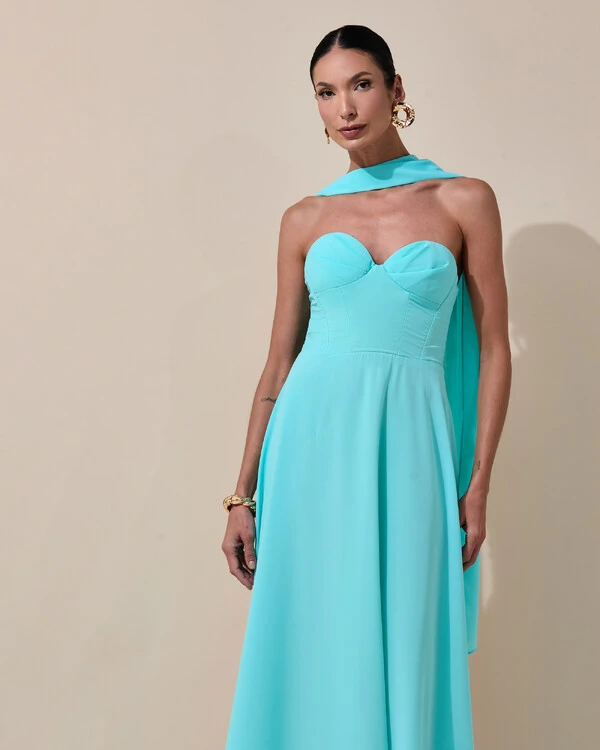 Vestido de Festa Longo Tomara que Caia Crepe Chiffon Decote Coração Lenço Tiffany