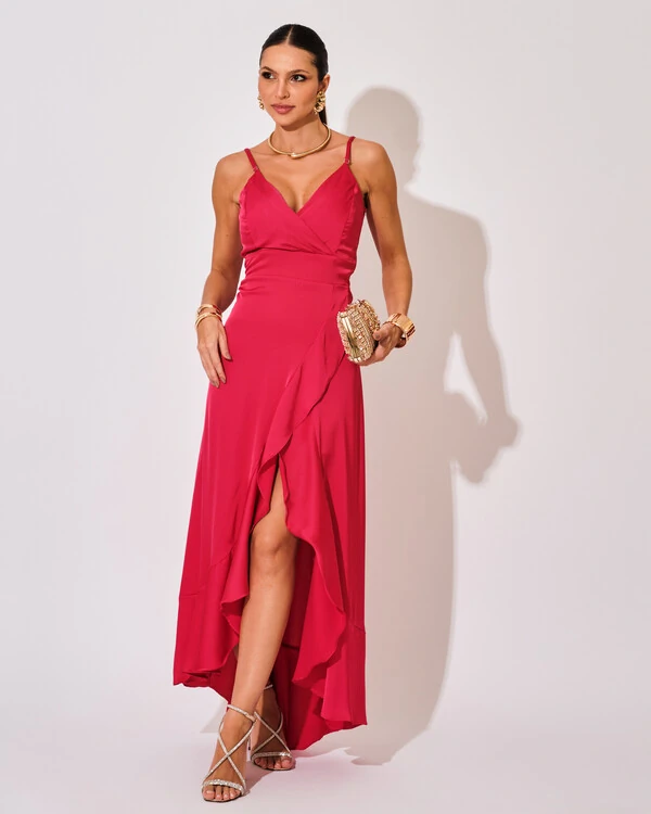Vestido Midi Babado Acetinado Pink Escuro