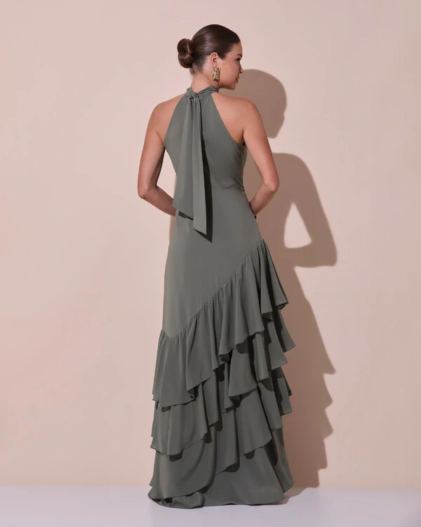 Vestido de Festa Longo Chiffon Crepe Gola Alta Babados Verde Oliva