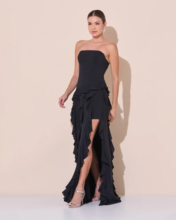 Vestido de festa Longo Tomara que Caia Crepe Chiffon com Babados Cascata e Fenda Preto