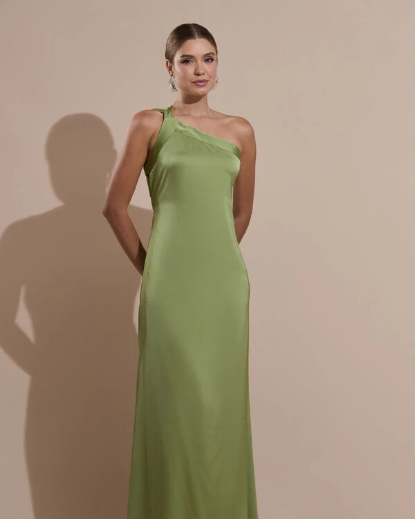Vestido de Festa Longo Cetim Fluido Um Ombro Só Amarração Costas Verde Pistache