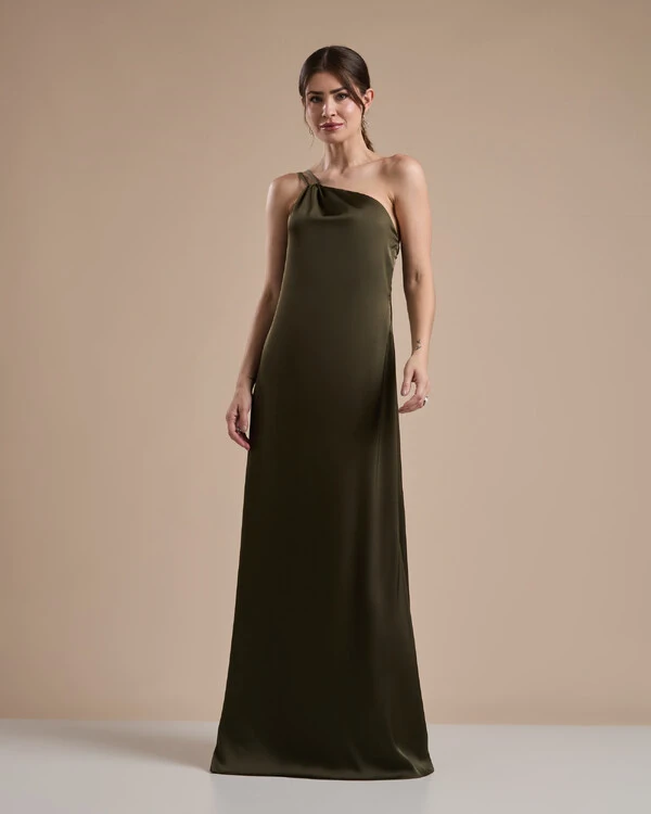Vestido de Festa Longo em Cetim Fluido um Ombro Só com Lenço Verde Oliva