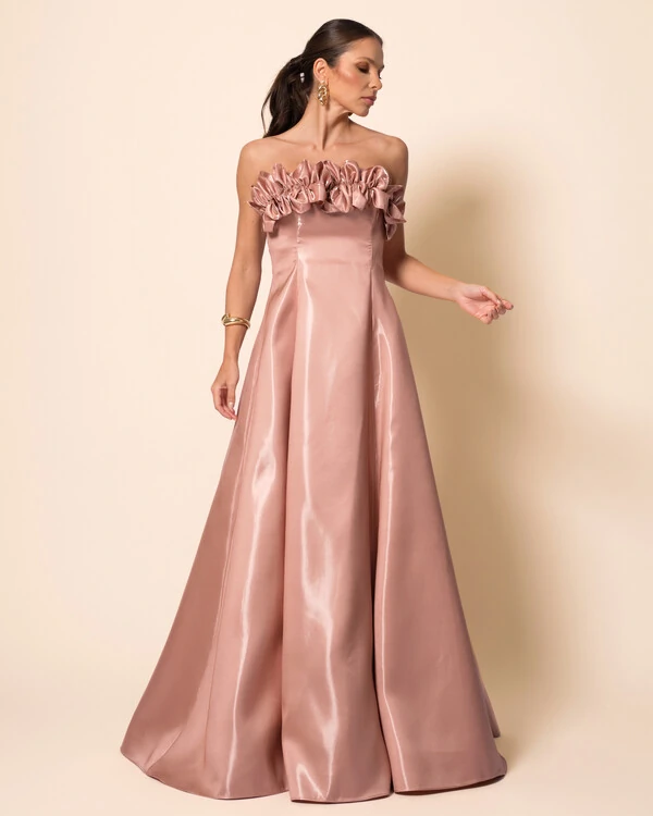 Vestido de Festa Longo Cetim Cristal Tomara que Caia com Flor 3D Mocha Mousse