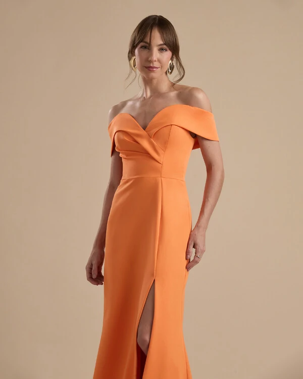 Vestido de Festa Longo Alfaiataria Ombro a Ombro com Fenda Laranja