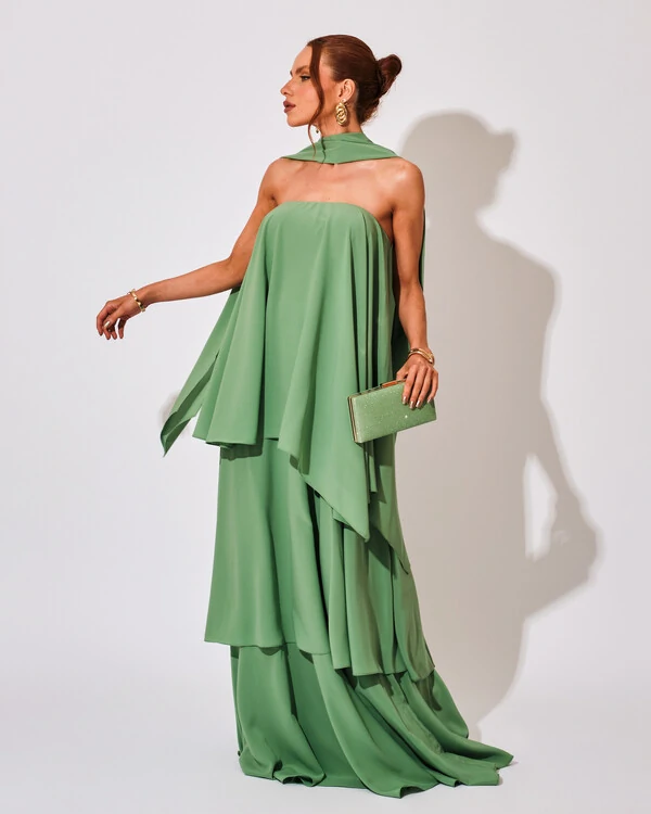 Vestido de Festa Longo Chiffon Crepe em Camadas com Lenço Verde Claro
