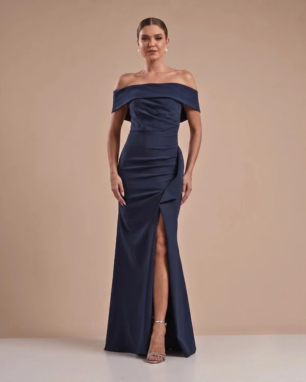 Vestido de Festa Longo Ombro a Ombro com Fenda em Alfaiataria Azul Marinho Escuro