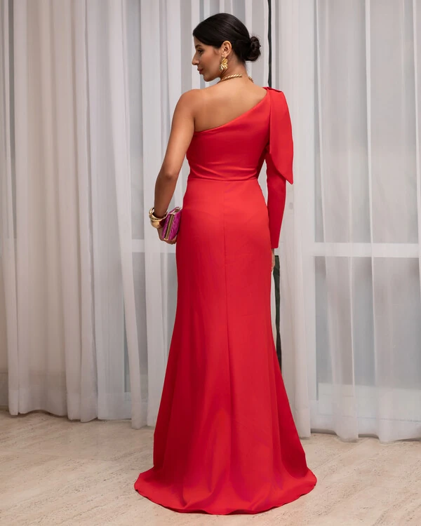 Vestido de Festa com Laço de Um Ombro em Alfaiataria Fenda Vermelho