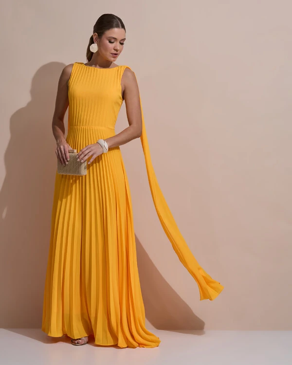 Vestido de Festa Longo Crepe Chiffon Plissado com Lenço nas Alças Laranja Manga New