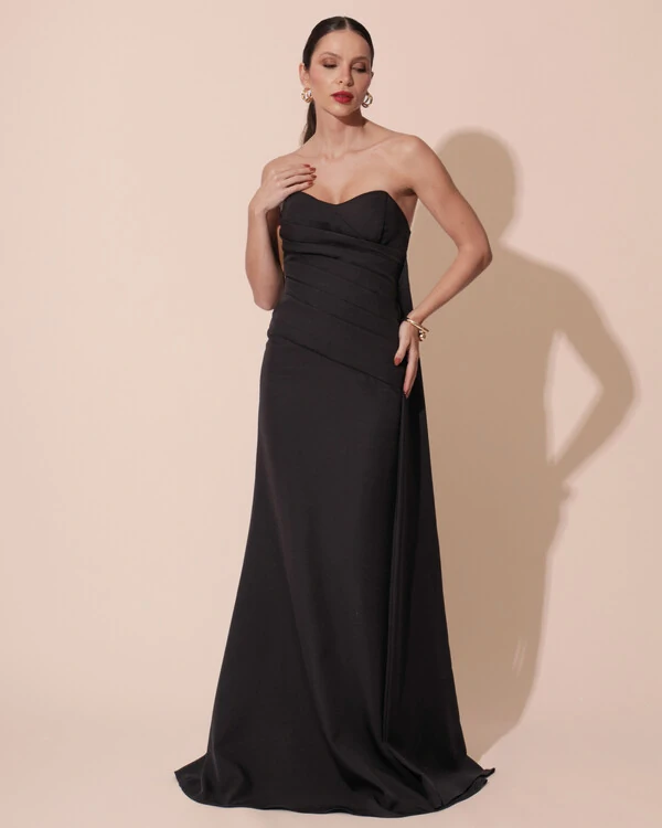 Vestido de Festa Longo Alfaiataria Tomara que Caia Drapeado Faixa Preto