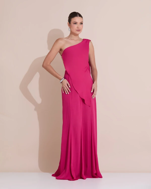 Vestido de Festa Longo Um Ombro Só Crepe Chiffon Lenço Pink Escuro