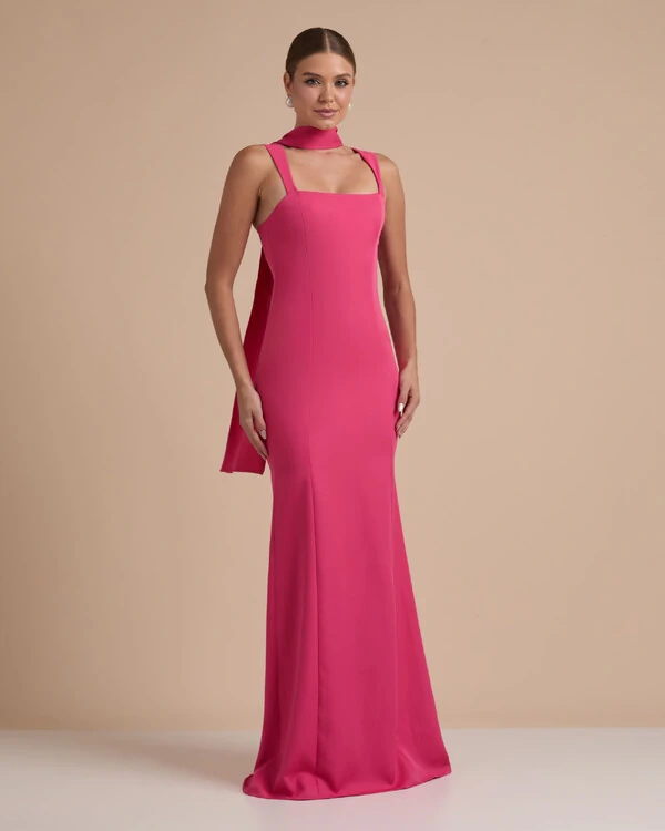 Vestido de Festa Longo Alfaiataria Alça Larga e Lenço Pink