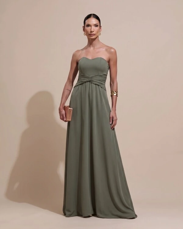 Vestido de Festa Longo Tomara Que Caia Crepe Chiffon Drapeado Capa Verde Oliva