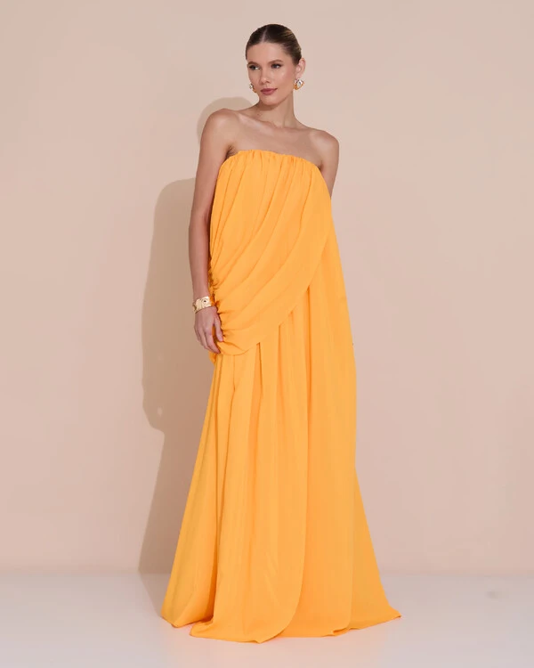 Vestido de Festa Longo Tomara Que Caia Crepe Chiffon Drapeado Laranja Manga New